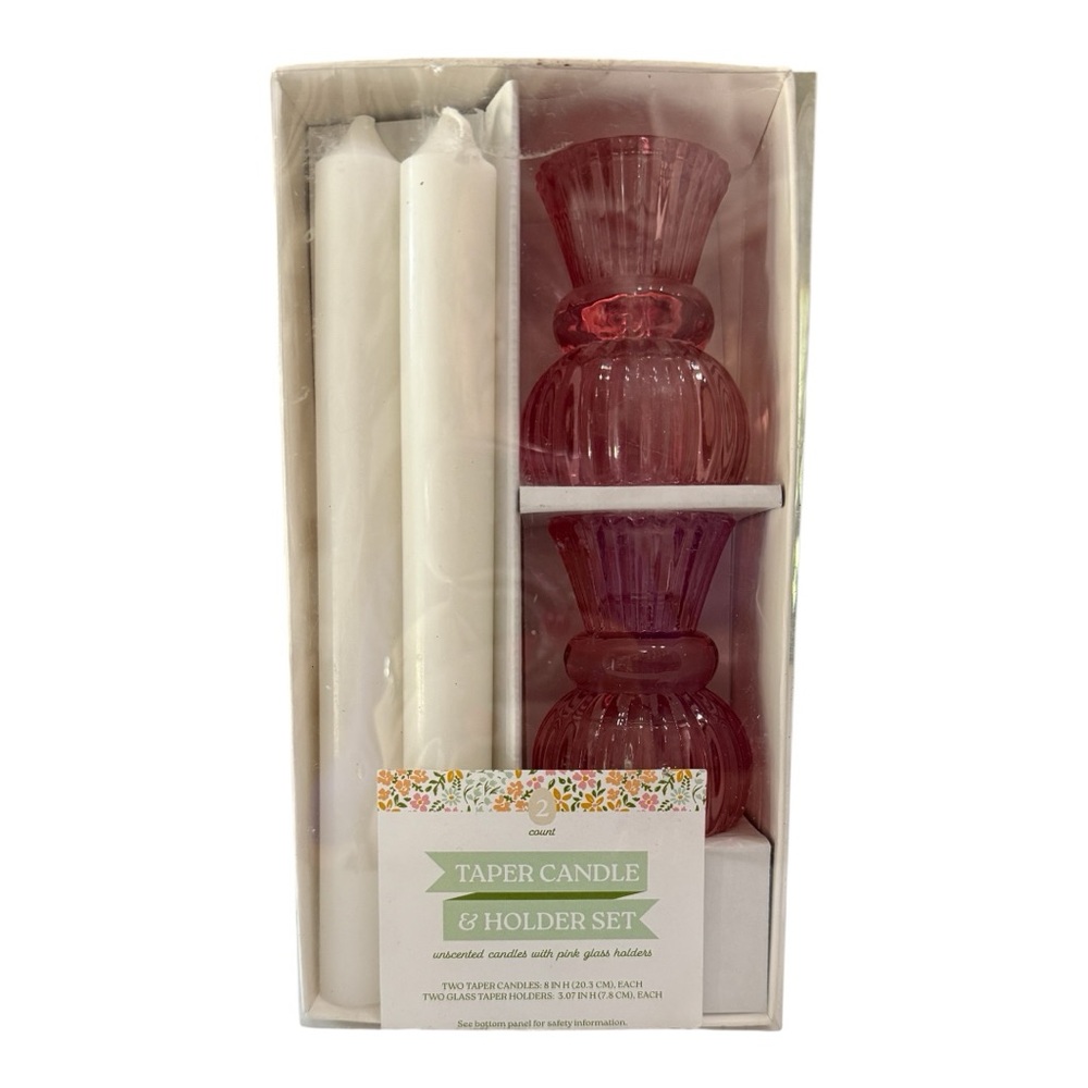 Taper Candle & Holder Set – 2 Pink Glass Holders + White Candles